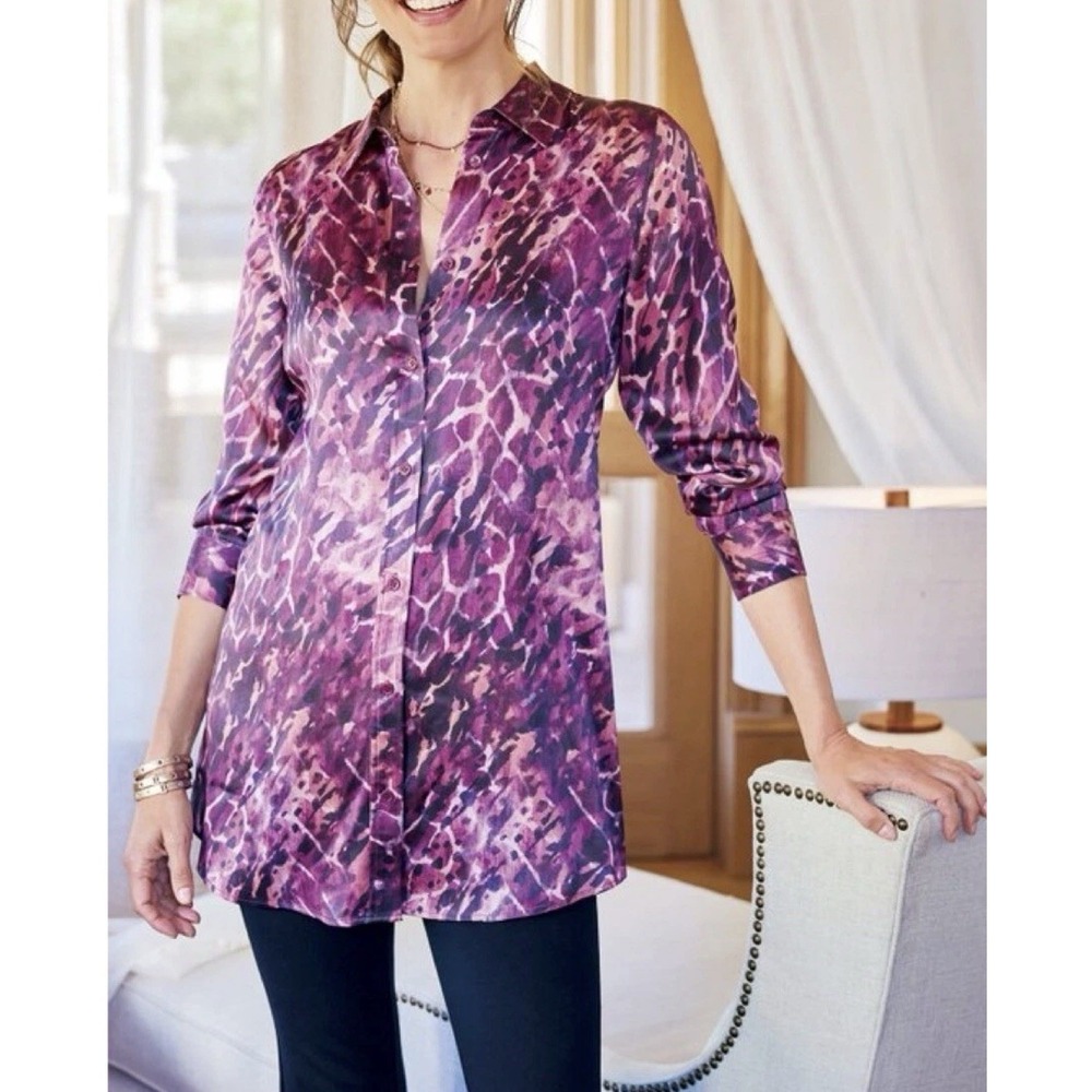 Soft Surroundings Women's Silk Purple Animal Print Long Button-Up Shirt S $150‎